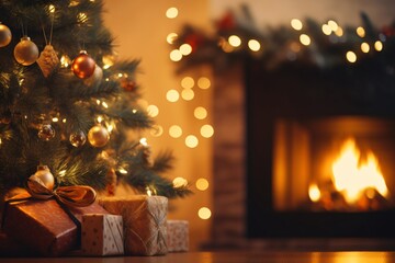 Fototapeta na wymiar Blurred Christmas background with fireplace, Generative AI