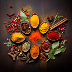 Various colorful herbs and spices on a dark background