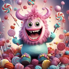 funny cheerful sweet monster with lollipops in cartoon style