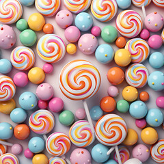 Fototapeta na wymiar Pattern with sweets from sweets, lollipops, chocolate with pastel colour, beautiful wallpaper