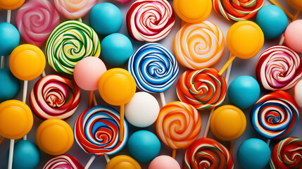 Fototapeta na wymiar Colorful lollipop candies background. Top view. Generative AI