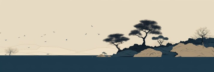Ancient Calm in Modern Art - Minimalist Mural of a Zen Garden - A Blue and Beige Homage to the Heian Period, An Elegant Landscape with Fine Detail - Background created with Generative AI Technology