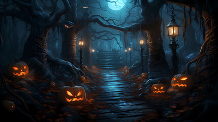 Fototapeta premium Halloween background with pumpkins and winding pathway through a dark forest
