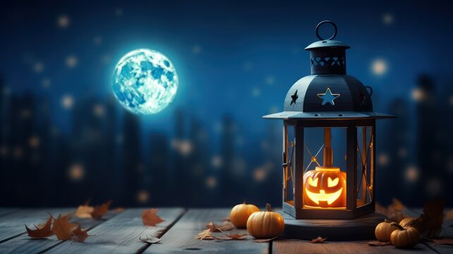 Halloween background with full moon and lantern on wooden space at blue night created with Generative AI