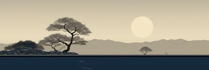 Ancient Calm in Modern Art - Minimalist Mural of a Zen Garden - A Blue and Beige Homage to the Heian Period, An Elegant Landscape with Fine Detail - Background created with Generative AI Technology