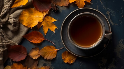 Cup of coffee and autumn leaves on a dark background, generative AI.
