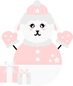 The snowsheep with gifts. A snowman decorated like a cute sheep with winter costumes and gifts in color pastel pink, light gray and white.