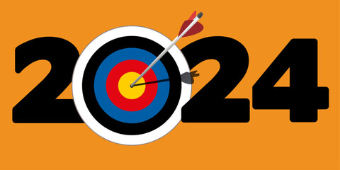 Carte de vœux pour présenter l’objectif à atteindre pour une entreprises en 2024, avec le symbole d’une flèche qui touche le cœur d’une cible.