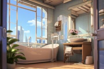 Bathroom sunlight anime visual novel game. Generate Ai
