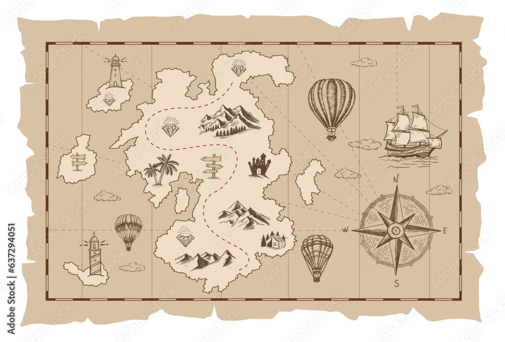 Wall mural old treasure map vector sketch. hand drawn illustrations, vector.