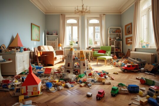 Living room children toys sunlight. Generate Ai