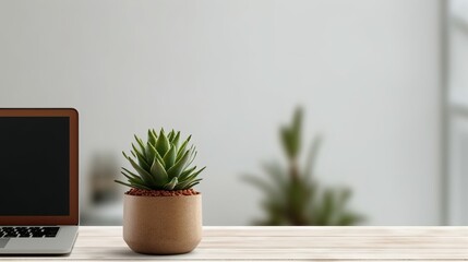 Laptop with a cactus pot placed. AI generated