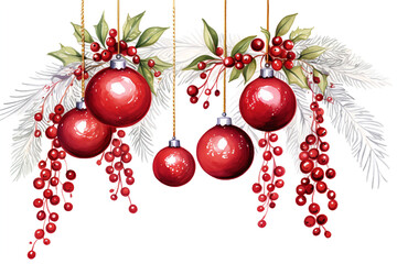 Fototapeta premium red christmas balls decoration illustration, watercolor style with clear background