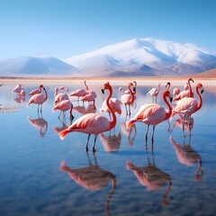 Obraz premium Flamingos in Blue Lagoon with Mountain View