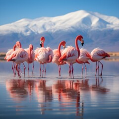 Obraz premium Flamingos in Water with Mountain Range