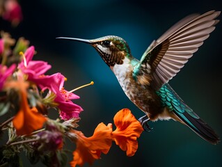 Fototapeta premium Ruby-throated Hummingbird hovering near colorful flowers