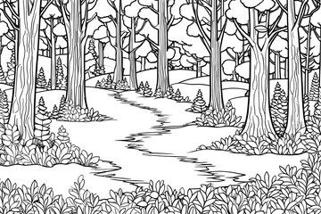 Black and white cartoon forest landscape, coloring page, bold outlines, cartoon style
