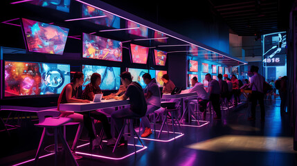 A neon-lit cybercafe