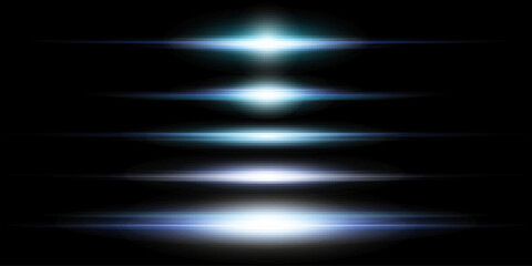 Blue horizontal lens flares pack. Laser beams, horizontal light rays.Beautiful light flares. Glowing streaks on dark background. Luminous abstract sparkling lined background.