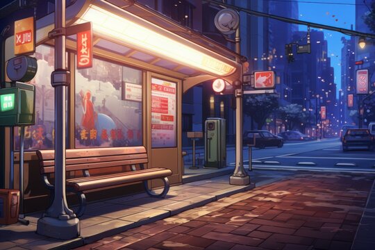 Bus stop asian anime visual novel game. Generate Ai