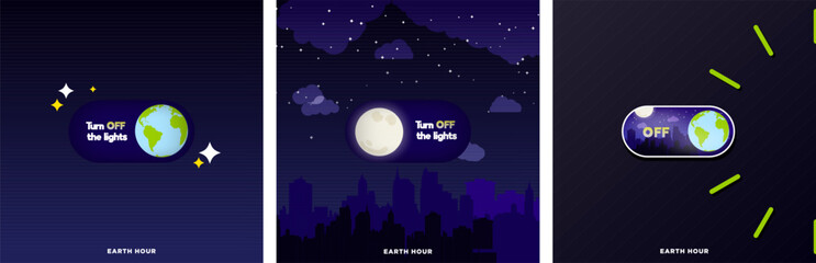 Set of Earth Hour Design Posters. On and Off switch with Earth and Moon. Clock Design with light switch. Electricity Switch concept. Celebrated on 8:30. Editable Vector Illustration. EPS 10.