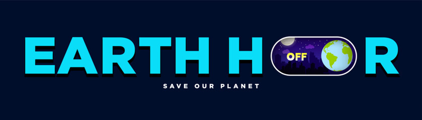 Earth Hour Banner Design. Earth Hour Lettering with On and Off Light switch. Night City with stars and moon on electric switch. Save the planet tagline. Vector Illustration. EPS 10.
