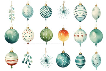 set of watercolor christmas decoration bauble illustrations on clear background for decoration, print, cards