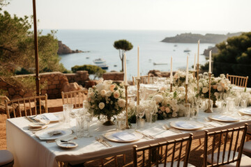 Fototapeta na wymiar stylish, chic, luxury, wedding table decor on the terrace with a beautiful view, in Spain, Italy. table setting 