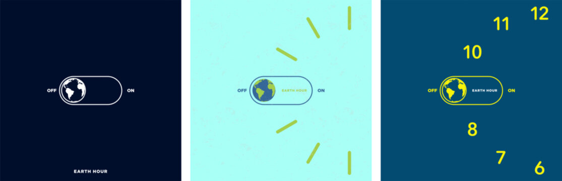 Minimalist Earth Hour Illustration Set. On and Off light switch with Planet Earth Icon inside a clock on the 8:30 to 9:30 position. Earth hour Minimalism Posters. Vector Illustration. EPS 10.
