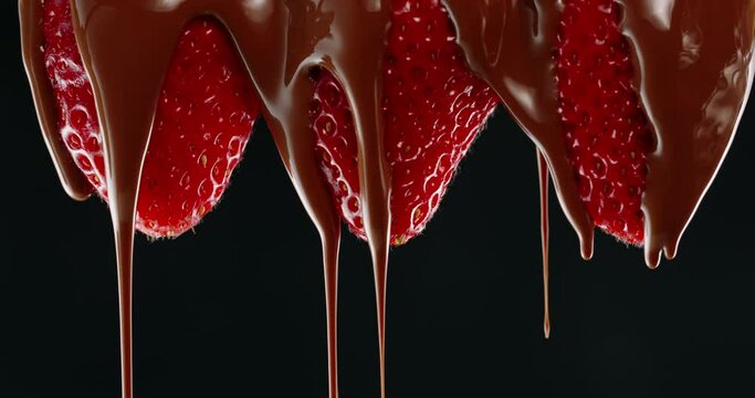 Hot molten dark chocolate slowly covering and dropping from tasty fresh ripe red strawberries. Luxury delicious dessert on black background 4k footage. Sugar free. Fast food concept