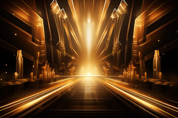Gold lights rays scene background, golden stage background
