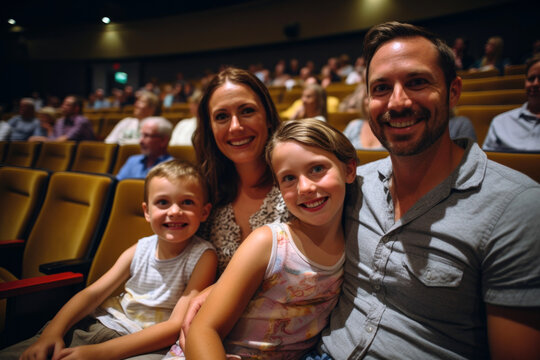 group of people watching movie in cinema, Attending a local theater performance, celebrating arts and culture, family weekend, love. Generative Ai - Powered by Adobe