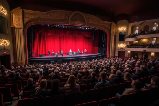 cinema auditorium with chairs. Attending a local theater performance, celebrating arts and culture, family weekend, love. Generative Ai