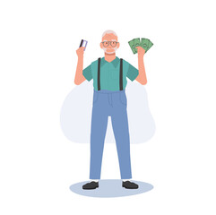 Modern Lifestyle of Mature Shopper concept. Illustration of Confident Elderly man with Credit Card. Flat vector cartoon illustration
