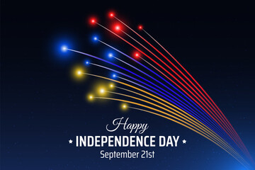 September 21, armenia independence day, armenian colorful fireworks flag on blue night sky background. Greeting card. Armenia national holiday september 21st. Vector. Independence day card
