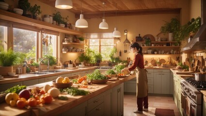 A busy kitchen homemade food seasonal ingredients warm - obrazy, fototapety, plakaty