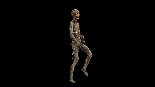 Seamless animation of a mummy walking isolated with alpha channel. Funny cartoon character for Halloween background.
