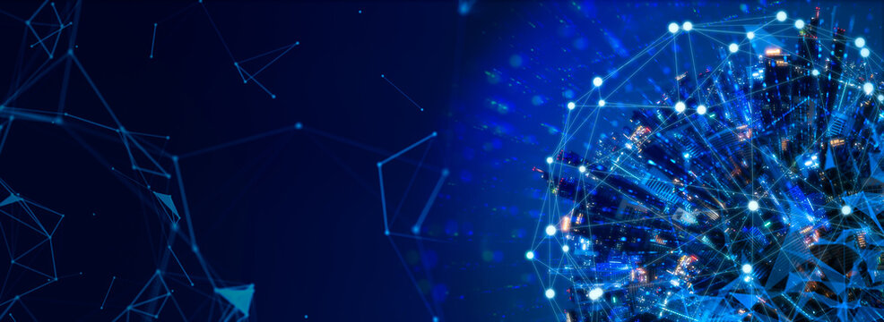 Modern city with wireless network connection and city scape concept.Wireless network and Connection technology concept with city background at night.
