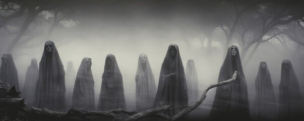Satanist Nun Cult Meeting in the Forest - Dark, Mysterious Coven Meeting, Horror Scary Terrifying Halloween, Mysterious Figures, Ghosts, Witches, Cross, Satan