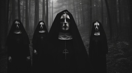 Satanist Nun Cult Meeting in the Forest - Dark, Mysterious Coven Meeting, Horror Scary Terrifying Halloween, Mysterious Figures, Ghosts, Witches, Cross, Satan