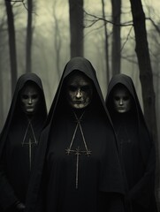 Satanist Nun Cult Meeting in the Forest - Dark, Mysterious Coven Meeting, Horror Scary Terrifying Halloween, Mysterious Figures, Ghosts, Witches, Cross, Satan