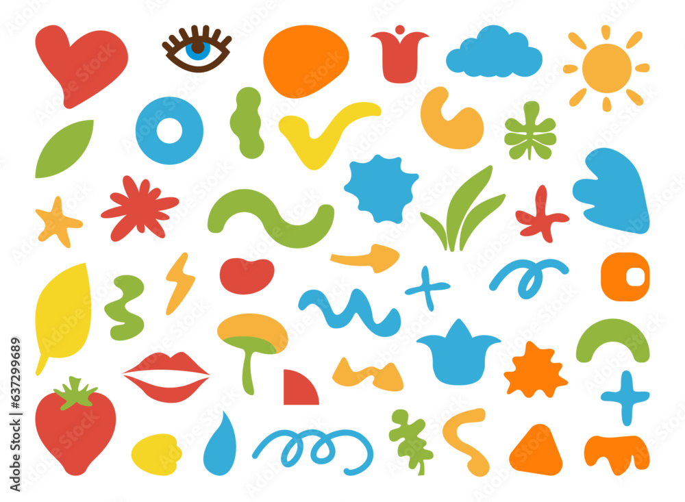 Poster Abstract shapes cartoon elements in flat style. Vector thunder and bolt multicolor trendy objects, flowers and clouds, fruits and colorful shapes, sun and glass, lips and mushroom
