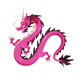 Pink cartoon dragon fairy tale baby, prehistoric chinese animal, old dinosaur reptile. Vector illustration of korean legend dragon with wings, fantasy mythology creature, wild lizard
