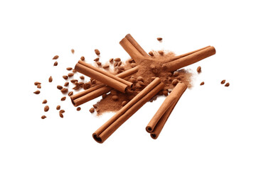 Falling cinnamon sticks isolated on a transparent or white background, Generative Ai