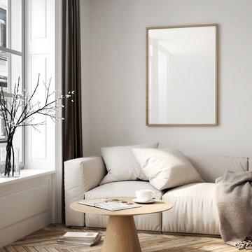 Mockup poster frame on the wall of living room. Interior mockup. Apartment background. Modern Japandi interior design. 3D render