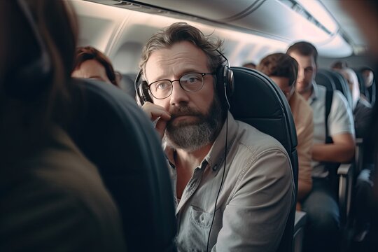 Business man inside a flight using headphones. AI generative