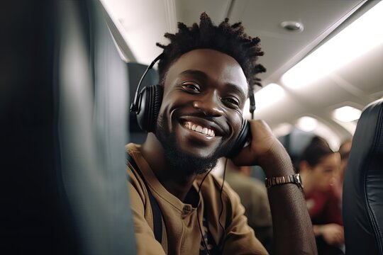 African man inside a flight using headphones. AI generative
