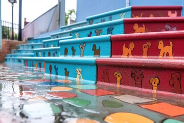 close-up of dog pool stairs with paw prints