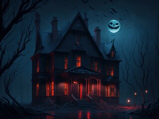 Fototapeta na wymiar Terrifying dark Halloween house, AI generated