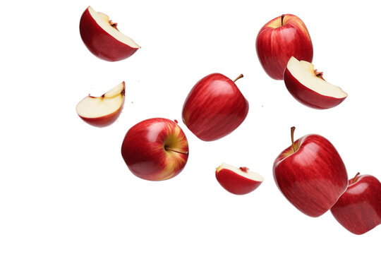 Isolated flying apple wedges, falling pieces of red apples, Generative Ai